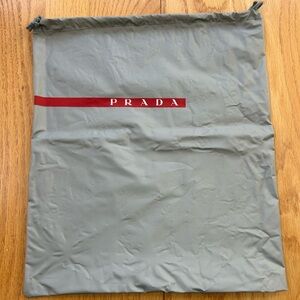 Prada Vinyl Dust Storage Bag Silver Gray with Red Logo Drawstring 15” X 13”